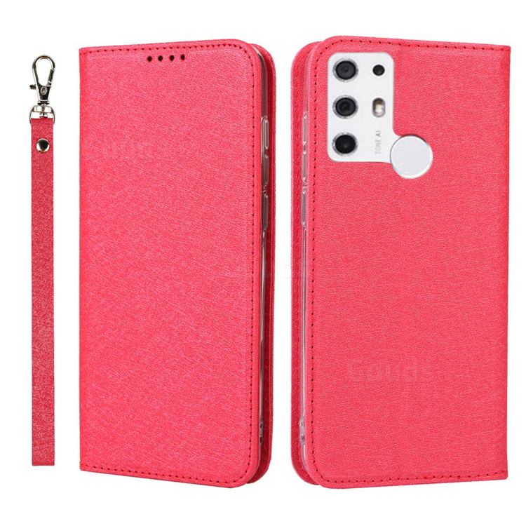 Ultra Slim Magnetic Automatic Suction Silk Lanyard Leather Flip Cover for Tone E21 - Red