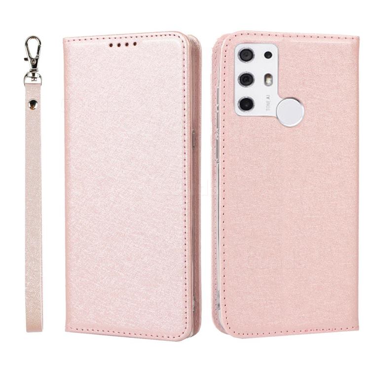 Ultra Slim Magnetic Automatic Suction Silk Lanyard Leather Flip Cover for Tone E21 - Rose Gold