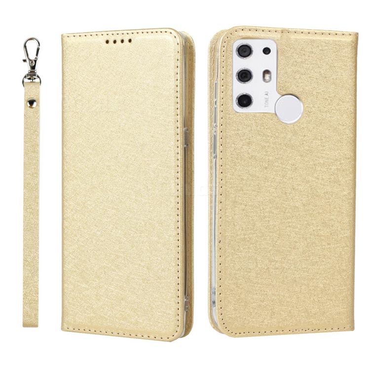 Ultra Slim Magnetic Automatic Suction Silk Lanyard Leather Flip Cover for Tone E21 - Golden