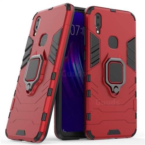 Black Panther Armor Metal Ring Grip Shockproof Dual Layer Rugged Hard Cover for vivo V11i - Red