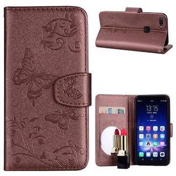 Embossing Butterfly Morning Glory Mirror Leather Wallet Case for Vivo X20 - Coffee