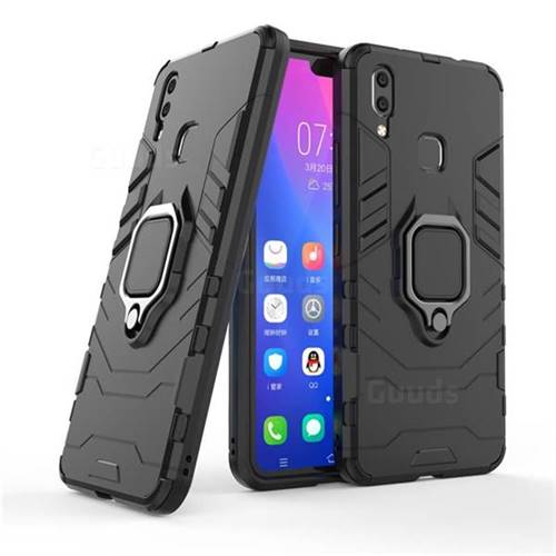 Black Panther Armor Metal Ring Grip Shockproof Dual Layer Rugged Hard Cover for vivo X21 - Black