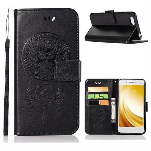 Intricate Embossing Owl Campanula Leather Wallet Case for Vivo Y53 - Black