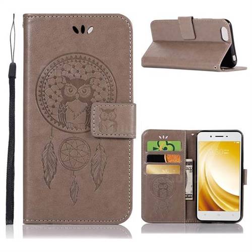 Intricate Embossing Owl Campanula Leather Wallet Case for Vivo Y53 - Grey