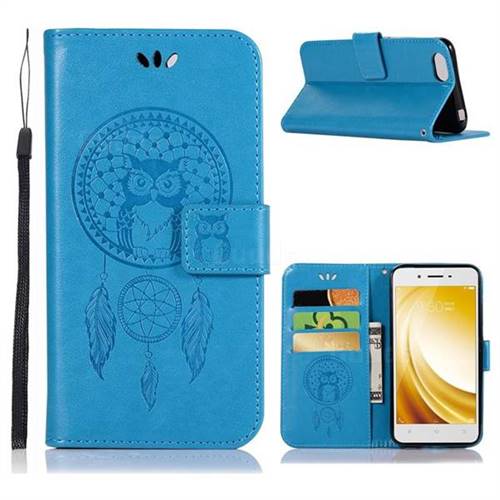 Intricate Embossing Owl Campanula Leather Wallet Case for Vivo Y53 - Blue