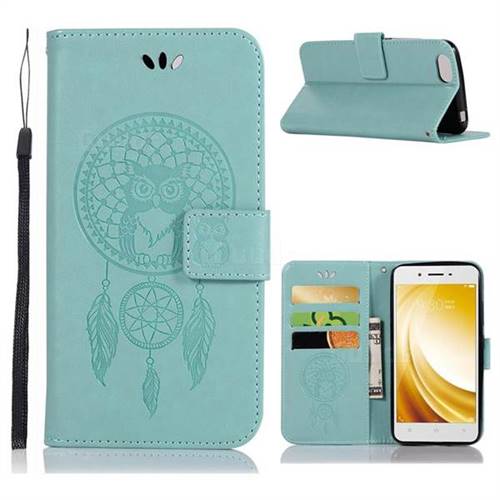 Intricate Embossing Owl Campanula Leather Wallet Case for Vivo Y53 - Green