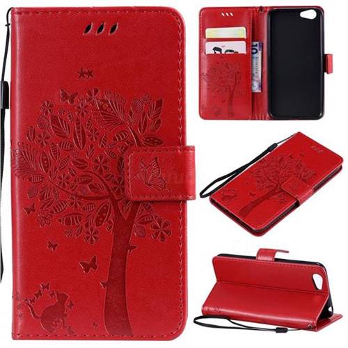 Embossing Butterfly Tree Leather Wallet Case for Vivo Y53 - Red