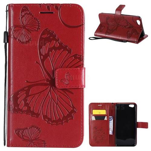 Embossing 3D Butterfly Leather Wallet Case for Vivo Y67 - Red