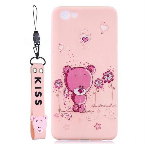 Pink Flower Bear Soft Kiss Candy Hand Strap Silicone Case for vivo Y71(vivo Y71i)