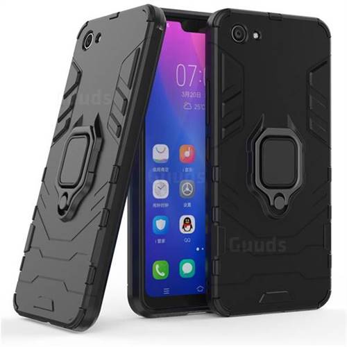 Black Panther Armor Metal Ring Grip Shockproof Dual Layer Rugged Hard Cover for vivo Y83 - Black