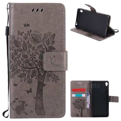 Embossing Butterfly Tree Leather Wallet Case for Sony Xperia E5 - Grey