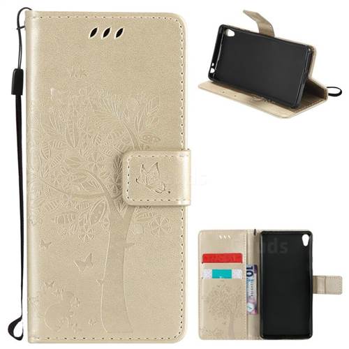Embossing Butterfly Tree Leather Wallet Case for Sony Xperia E5 - Champagne