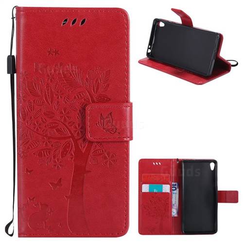 Embossing Butterfly Tree Leather Wallet Case for Sony Xperia E5 - Red