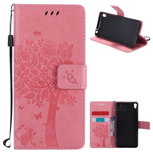 Embossing Butterfly Tree Leather Wallet Case for Sony Xperia E5 - Pink