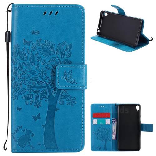 Embossing Butterfly Tree Leather Wallet Case for Sony Xperia E5 - Blue
