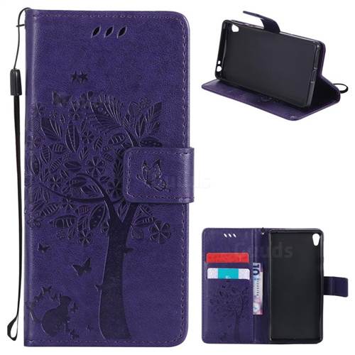Embossing Butterfly Tree Leather Wallet Case for Sony Xperia E5 - Purple