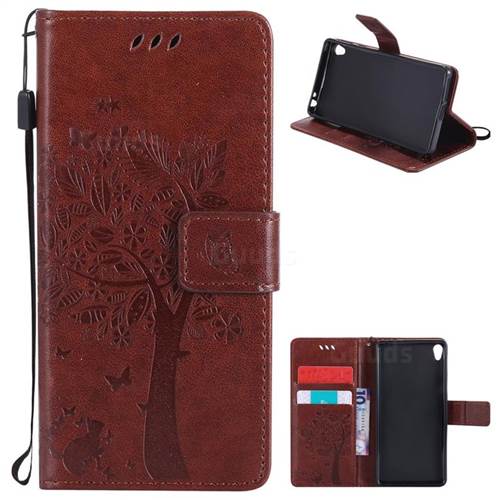 Embossing Butterfly Tree Leather Wallet Case for Sony Xperia E5 - Brown