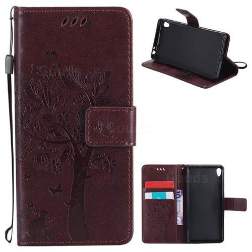 Embossing Butterfly Tree Leather Wallet Case for Sony Xperia E5 - Coffee