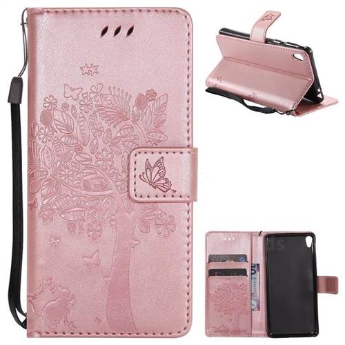 Embossing Butterfly Tree Leather Wallet Case for Sony Xperia E5 - Rose Pink