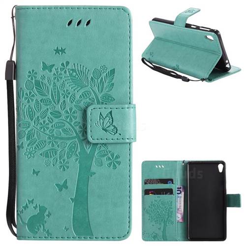 Embossing Butterfly Tree Leather Wallet Case for Sony Xperia E5 - Cyan