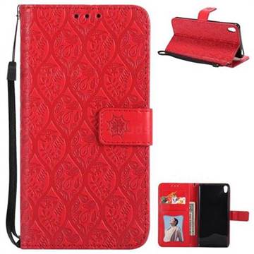 Intricate Embossing Rattan Flower Leather Wallet Case for Sony Xperia E5 - Red