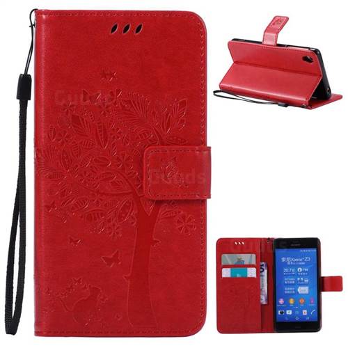 Embossing Butterfly Tree Leather Wallet Case for Sony Xperia Z3 - Red