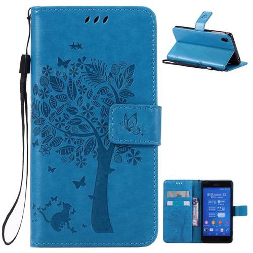 Embossing Butterfly Tree Leather Wallet Case for Sony Xperia Z3 - Blue
