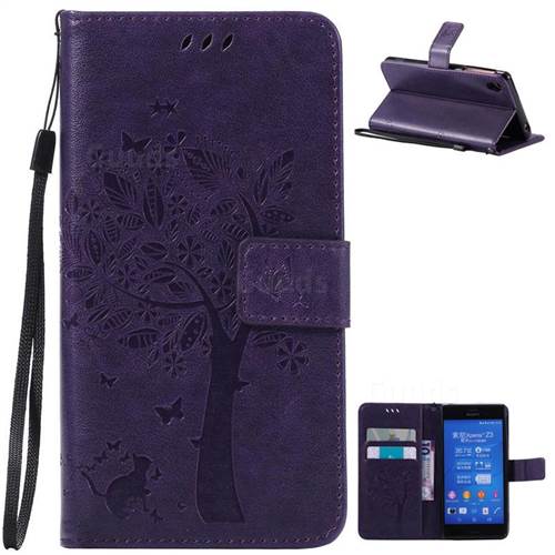 Embossing Butterfly Tree Leather Wallet Case for Sony Xperia Z3 - Purple