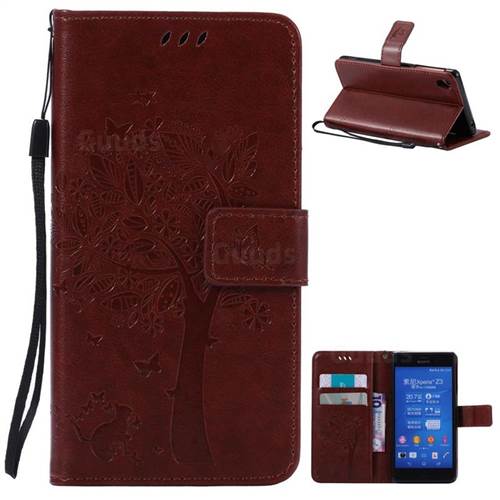 Embossing Butterfly Tree Leather Wallet Case for Sony Xperia Z3 - Brown