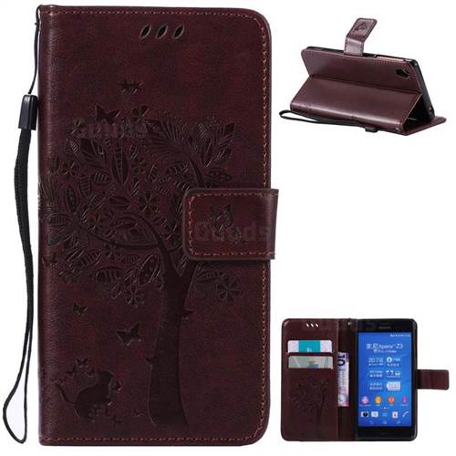 Embossing Butterfly Tree Leather Wallet Case for Sony Xperia Z3 - Coffee