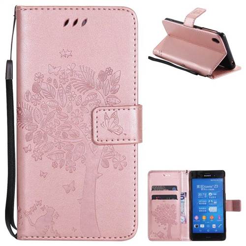 Embossing Butterfly Tree Leather Wallet Case for Sony Xperia Z3 - Rose Pink