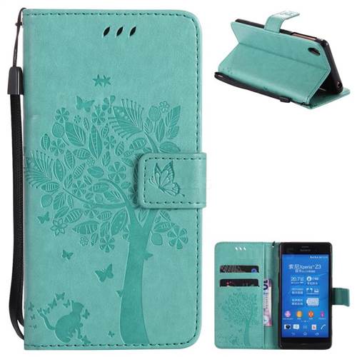 Embossing Butterfly Tree Leather Wallet Case for Sony Xperia Z3 - Cyan