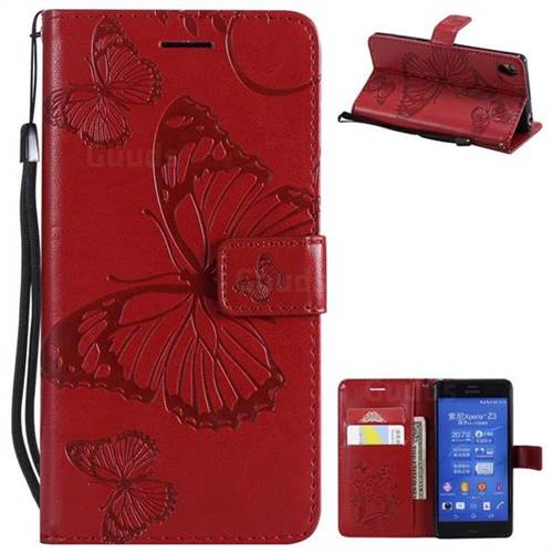 Embossing 3D Butterfly Leather Wallet Case for Sony Xperia Z3 - Red