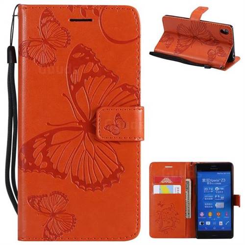 Embossing 3D Butterfly Leather Wallet Case for Sony Xperia Z3 - Orange
