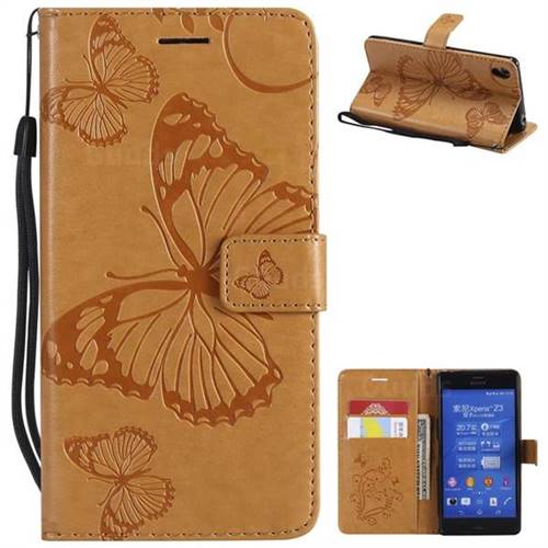 Embossing 3D Butterfly Leather Wallet Case for Sony Xperia Z3 - Yellow