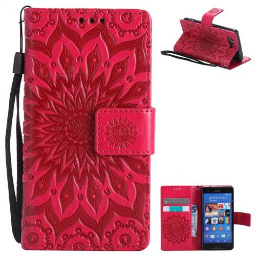 Embossing Sunflower Leather Wallet Case for Sony Xperia Z3 Compact Mini - Red