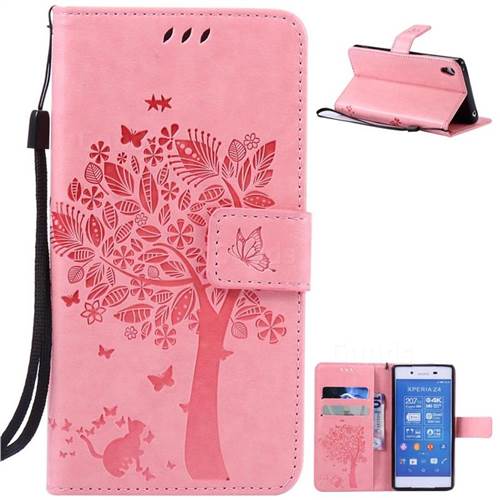 Embossing Butterfly Tree Leather Wallet Case for Sony Xperia Z4 Z3+ E6553 E6533 - Pink