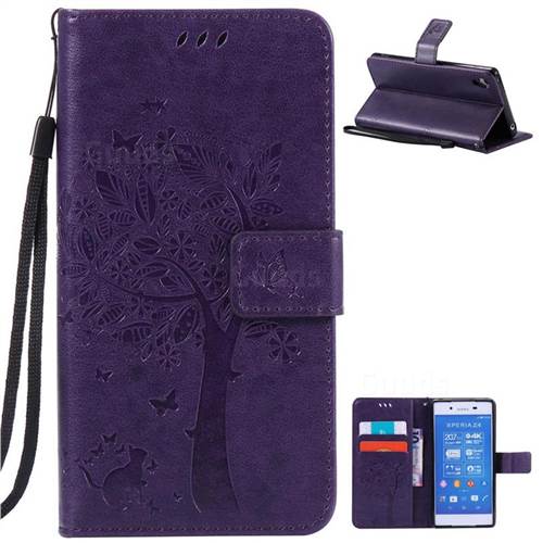 Embossing Butterfly Tree Leather Wallet Case for Sony Xperia Z4 Z3+ E6553 E6533 - Purple