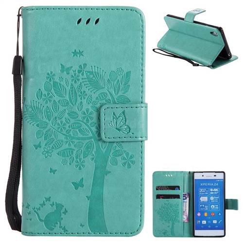 Embossing Butterfly Tree Leather Wallet Case for Sony Xperia Z4 Z3+ E6553 E6533 - Cyan