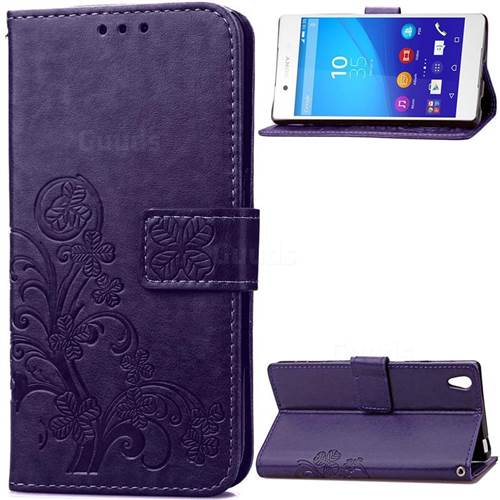 Embossing Imprint Four-Leaf Clover Leather Wallet Case for Sony Xperia Z4 Z3+ E6553 E6533 - Purple