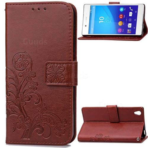 Embossing Imprint Four-Leaf Clover Leather Wallet Case for Sony Xperia Z4 Z3+ E6553 E6533 - Brown
