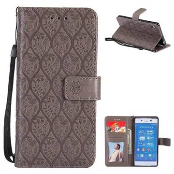 Intricate Embossing Rattan Flower Leather Wallet Case for Sony Xperia Z4 Z3+ E6553 E6533 - Grey