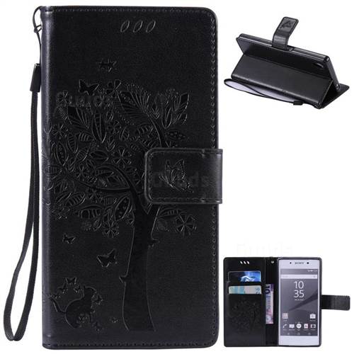 Embossing Butterfly Tree Leather Wallet Case for Sony Xperia Z5 / Z5 Dual - Black