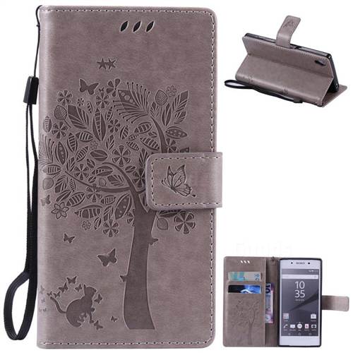 Embossing Butterfly Tree Leather Wallet Case for Sony Xperia Z5 / Z5 Dual - Grey