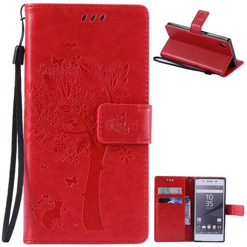 Embossing Butterfly Tree Leather Wallet Case for Sony Xperia Z5 / Z5 Dual - Red