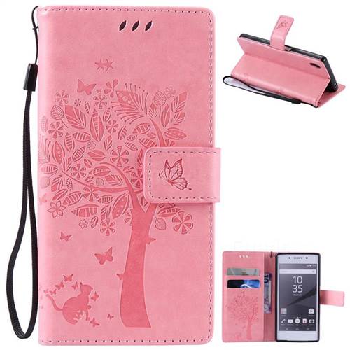 Embossing Butterfly Tree Leather Wallet Case for Sony Xperia Z5 / Z5 Dual - Pink