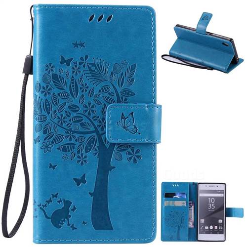 Embossing Butterfly Tree Leather Wallet Case for Sony Xperia Z5 / Z5 Dual - Blue