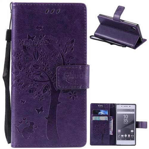Embossing Butterfly Tree Leather Wallet Case for Sony Xperia Z5 / Z5 Dual - Purple