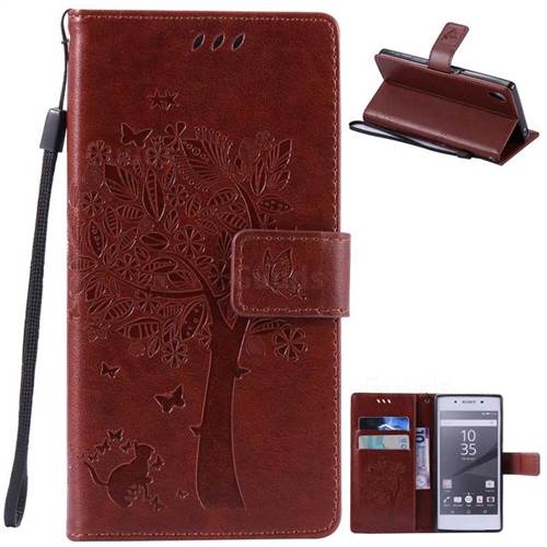 Embossing Butterfly Tree Leather Wallet Case for Sony Xperia Z5 / Z5 Dual - Brown