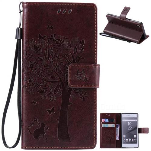 Embossing Butterfly Tree Leather Wallet Case for Sony Xperia Z5 / Z5 Dual - Coffee